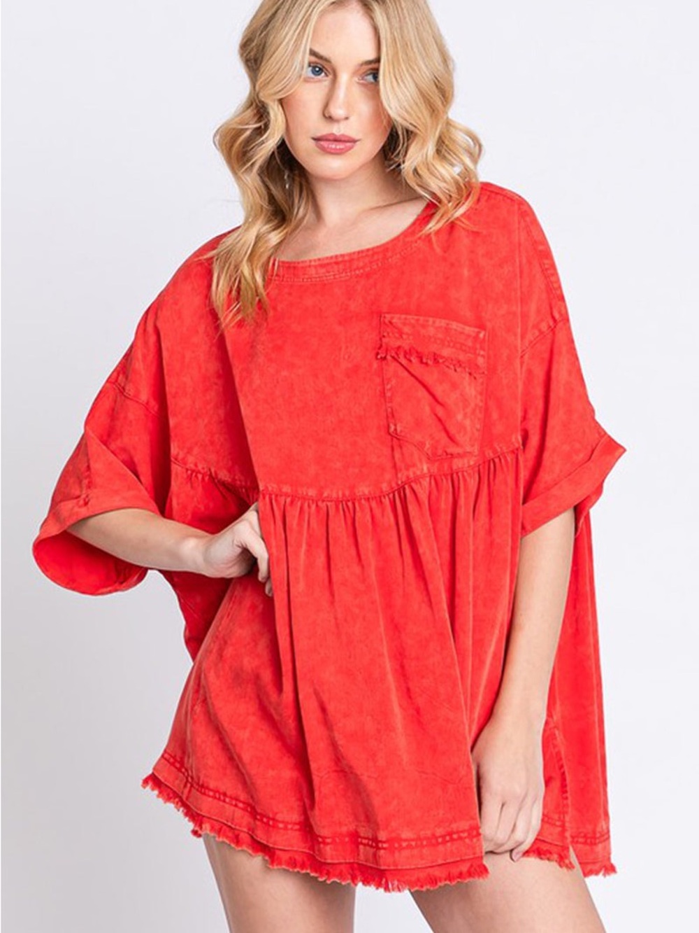 Sewn + Seen Red Mineral Wash Fringe Hem Oversized Tunic Top - Size S